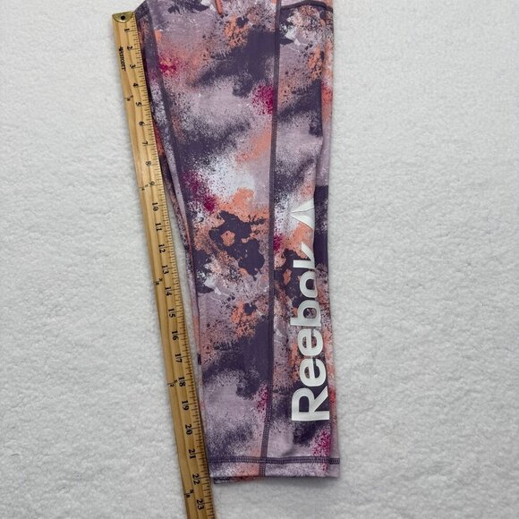 Reebok Capri Leggings Pockets Drawstring Splatter Print Mulled Grape Womens L - Picture 10 of 11